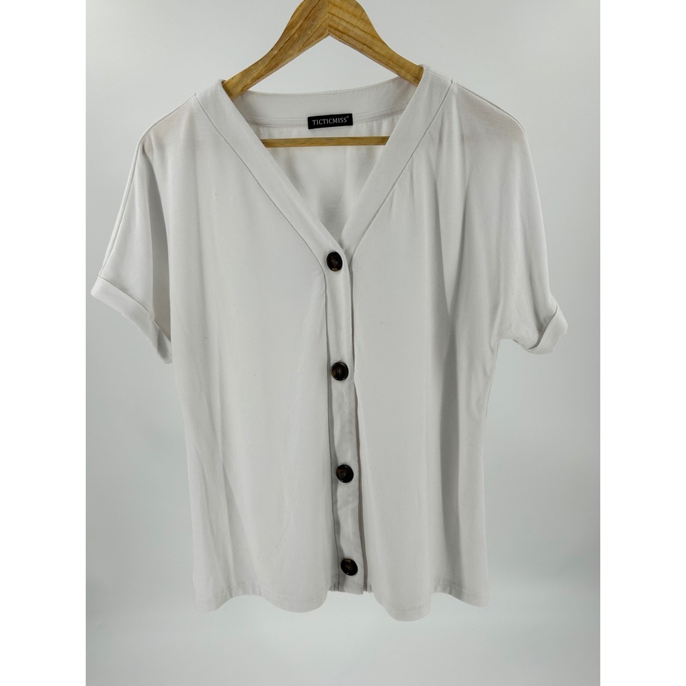 Ticticmiss Womens White Short Sleeve V-Neck Button Up Top Rolled Cuff Blouse M